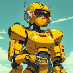 a feminine robot, yellow, post apocalyptic, fallout, vintage anime