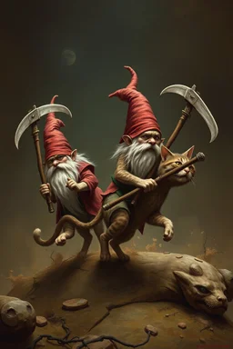gnomes riding cats with hatchets in the style of Giger and Mozart