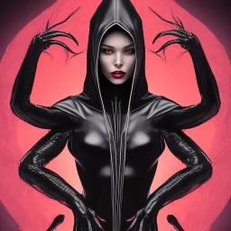 This spider woman is a formidable sight to behold, with the body of a human woman and the head and legs of a spider. She is dressed in a sleek black and red leather suit, with a hood that covers her spider head. Her skin is covered in shimmering black scales, and her eyes glow a bright, otherworldly green. She is fast and agile, able to climb walls and ceilings with ease. She has venomous fangs and sharp claws, and she can spin webs of magical energy to ensnare her enemies. She is intelligent an