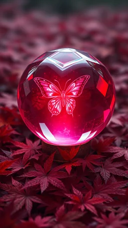 "A hyper-detailed, ultra-realistic depiction of a radiant, heart-shaped magic crystal ball glowing with a vibrant crimson hue, rendered in stunning 16K HD resolution, resting gently on a bed of vibrant, richly colored maple leaves. The crystal ball emits an otherworldly glow, with intricate facets along its edges refracting light into mesmerizing patterns. A faint, mystical mist swirls gently within the ball, and the translucent butterfly