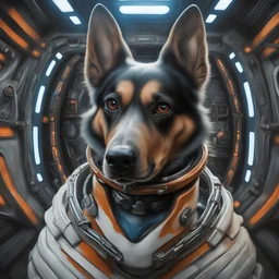 portrait of decisive dog space station commander in the style of giger, spray paint, photo realism, trending on art station, 8k, depth of field, down light, light rays, volumetric, white hall in spaceship, blue, brown and orange