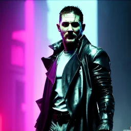 Actor, tom hardy, blade runner style, rain, fog, neon ambient, gradient color, clean skin, circuits, latex coat, cyber punk, neon, tubes, portrait, studio photo, unreal engine 5, smooth color, 16 bit, god lights, ray tracing, RTX, lumen lighting, ultra deatail, volumetric lighting, 3d, finely drawn, hd.