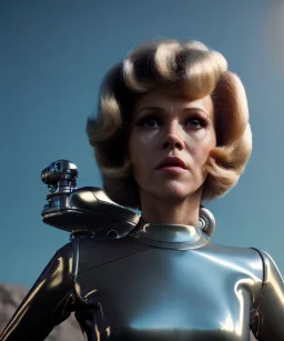 Ultra Realistic retro sci-fi image from 1960, spaceship, sweet young woman Jane Fonda with a Lizard face Man, dress with tight latex coat and retro glass helmet, Retro sci-fi style, soft color, highly detailed, unreal engine 5, ray tracing, RTX, lumen lighting, ultra detail, volumetric lighting, 3d, finely drawn, high definition, high resolution.