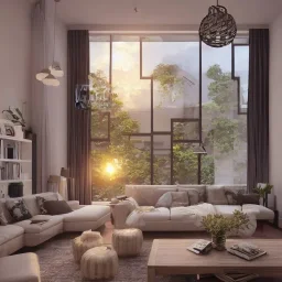 beautiful house inside living room, Illustration drawing style, around Sunset, 3D render drawing style, around Sunset