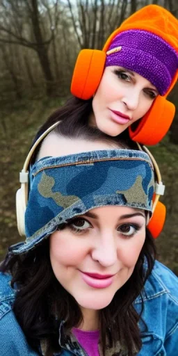 Brunette taking selfie.thick thighs,thick calves,flat belly,curvy fell. big head. Mantle is sewed of upcycled Denim and sewed together of camouflage pieces. Pieces' color are orange, cream and purple. It is with big bright purple felt tippet and redochre-colored-hood is merged with colorful beanie. Big colored headphones (gold rings!) is merged with small felt cap with small visor. Style: Haute Couture in 1950's Africa, N.Y.C fashion in 2023