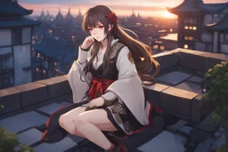 a young woman with long brown hair, red eyes, pale skin, wearing Genshin Impact inspired clothing, highly detailed, intricate background, sitting on rooftop during sunset, contemplative