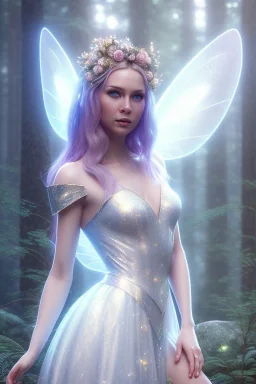 A beautiful portrait of a fairy in a forest, facing camera blue color scheme, blue eyes, high key lighting, volumetric light high details with white stripes and lights unreal 5, octane render, cinema4d, dynamic lighting, dramatic lighting, 4k, redshift render, highly detailed, hyper realistic