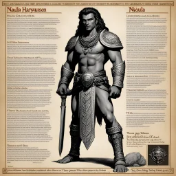 character concept sheet with AD&D statistics and characteristics, [high res photo by Ray Harryhausen for Mahābhārata module B3] a character of Pāṇḍavas class of King: Nakula — Son of the Aśvins (Twin Gods of Healing and Beauty) Epithets: Ashvineya, Madreya (son of Madri) Qualities: Known for beauty, grace, and skill in horse-keeping. Embodies refinement, modesty, and loyalty. Also skilled in swordsmanship. Symbolic trait: The ideal of harmony and aesthetic balance. Weapon: Sword. Special gift: I