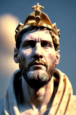 Realistic image, Roman sculpture made in white marble with gold veins, Lionel messi with gold laurel leaves crown, waist up portrait,marble material, gold ornaments, Renaissance style, sun rays background, epic, celestial, cinematic lighting, God lights, 4k resolution, smooth details, soft lighting, unreal engine 5, art station, substance 3d.