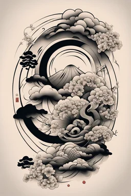 Create a captivating modern 2d Japanese tattoo design for print , using the elegant influences of japan art style, for print, dynamic elements from fashion and design, and bold Japanese art aesthetics, framing centered in the center, distanced from the edges of the paper perimeter, perfect anatomy, bauhaus, Divine Proportion,