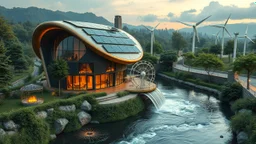 2031. Innovative environmentally-friendly happy home, solar panels, water wheel in river, alternative energy, wind turbines, scientific experiment, home of the future, amazing curved geometric architecture, fantasy, robotic, magic, automated, spectacular, futuristic, practical, beautiful lighting, attractive composition, photorealistic, extremely detailed, chiaroscuro, award-winning photograph