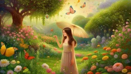 A mystical summer haven in spring: A fair-skinned European woman tends to a garden of blooming flowers, butterflies fluttering, soft rain falling.