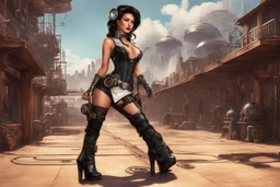 photorealistic exotic sci-fi steampunk slim pin-up girl in black boots, in a futuristic sci-fi wild west town