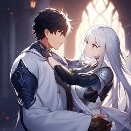 Girl with white hair wearing white robes. Boy with black hair wearing leather armor