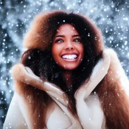 Futuristic black woman with brown eyes, perfect smile walking in winter wonderland