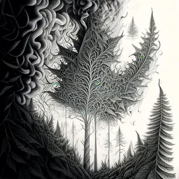 Sketch a composition where intricate smoke patterns transform into a forest of towering trees made entirely of crushed weed leaves, filling the canvas with a surreal and visually captivating asymmetrical patterns. Pencil Drawing