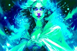 create a highly detailed high fantasy portrait illustration of a sensual sorceress clothed in hoarfrost, amidst a swirling blizzard on the eve of Samhain under the watch of a baleful moon in the graphic novel style of Bill Sienkiewicz, with highly detailed facial features and clothing, otherworldly and ethereal