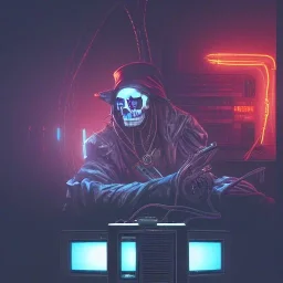 a cyberpunk hacker pirate captain skeleton with a pirate hat sitting in front of a huge old crt monitor in a dark room holding a beer, only light coming from crt monitor, highly detailed, intricate, digital art, trending on artstation, trending on cgsociety, by greg rutkowski