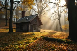 A Swedish wooden house in a mystery hilly oak forest in autumn, yellow orange leaves on ground, moist in air, early morning, sun streaks, dense vegetation, gnomes