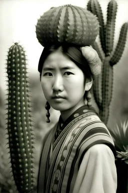 asiatic woman with a cactus head