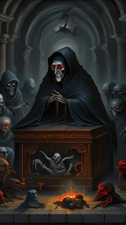 Bosch painting style, 3D ugly scary hooded creature sleeping in a coffin with hands on chest in surrounded by other hooded dark evil creatures wearing black one of them carrying a small candle in scary dark evil temple they all staring at the dead creature in the coffin