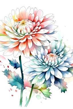 Chrysanthemum flowers, Not clear, depth, water color splotches, negative space , no outlines, no lines , white background, reverse coloring book