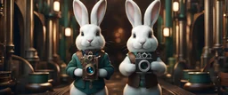 High-end hyperrealism epic cute fluffy rabbit hero holding an 35mm film roll, Steampunk-inspired cinematic photography, symmetry forest alley background, Aesthetic combination of metallic sage green and titanium blue, Vintage style with brown pure leather accents, Art Nouveau visuals with Octane Render 3D tech, Ultra-High-Definition (UHD) cinematic character rendering, Detailed close-ups capturing intricate beauty, Aim for hyper-detailed 8K