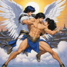 (in the style of Orion, by Masamune Shirow) Jacob wrestling with angel