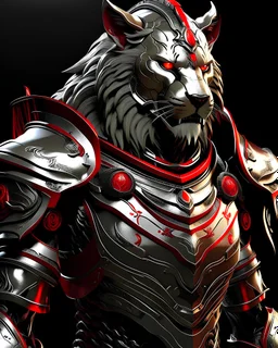 silver metal lion themed armor with glowing crimson trim, glowing red eyes, long crimson cape, the helmet is fully covered, the helmet isn't lion themed