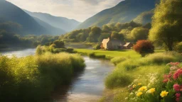 Beautiful realistic rural landscape, warm sunshine, lush plant growth, flowers, human habitation, river, peaceful, delightful, idyll, award-winning photograph, detail, beautiful composition, attractive colour, chiaroscuro