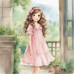 watercolor, full body, cute smile girl, curly hair, big eyes, long brown hair, pink dress, pink shoes