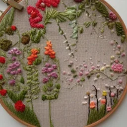 exquisite whimsical garden in embroidery hoop, intricate, highly detailed, linen and wood backdrop