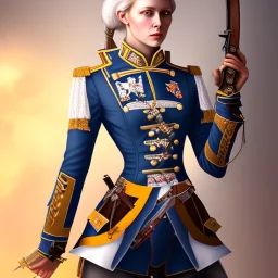 female line infantry, napoleonic, armed with musket, feminine corset, ankle boots, thighhigs miniskirt, hair in pigtails, wearing tricorne