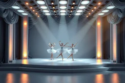 modern stage with gray-blue theme artistic decoration , color full dynamic lighting, a beautiful 3 ballerinas dancing, 3D recursive fractal structure animating background