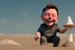 Elon musk as a Happy toddler building a rocketship out of sand on the beach