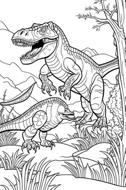 create a coloring page, white background Illustrate two young T-Rexes engaged in a roaring contest to establish dominance over their territory. Depict a T-Rex patrolling the borders of its territory, sniffing the air and surveying its surroundings for intruders. Kids can color the T-Rex amidst towering trees and dense vegetation.. ink drawing clipart, simple line illustrations, colored