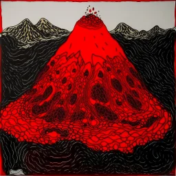 A red volcano near lava lakes painted by Jean Dubuffet