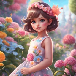 A little girl, adorable, big beautiful eyes, in dress, in flowers, cartoon, close-up, bright colours, digital graphics, fantasy, unreal engine, blender art by artgerm, perfect composition, octane rendering, masterpiece, sharp focus, high detail, art station, concept art, perfect composition, a model of ultra-high quality and clarity, perfect play of light and shadow, 32k UHD, hyper-detailing,
