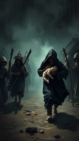 A scary man with black hood caring a baby and running away from villagers with stick’s chasing the man in dark scary environment
