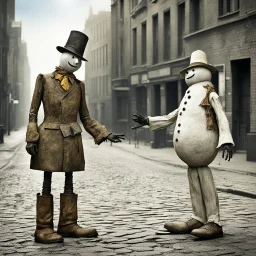 Snowman vs Scarecrow, Snowman shaking hands with a scarecrow in middle of city street in the summer, by Erwin Wurm and Ben Goossens, mind-bending realism, weirdcore, something strange about to happen, natural lighting, by Joel-Peter Witkin