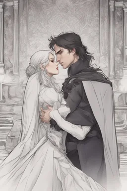 Strahd Von Zarovich being kissed by a beautiful woman with white hair, wearing an off the shoulder dress. Settling