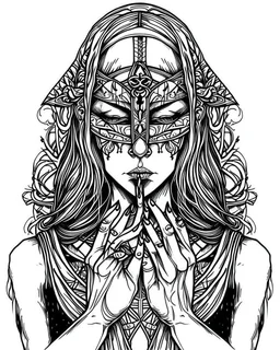 symetrical woman with blindfold tattoo, coloring book page, clean line art, adults drawing book, Black and white only, crisp black lines, sharp lines, coloring page for adults, black and white picture, lots of details, tattoo style,tattoo ideas, full body