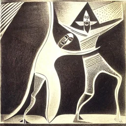 drawn in single line by Nicolai Blatter with hatch with parallel wavy lines metal engraving with african man dance procession in salvador dali style or picasso style