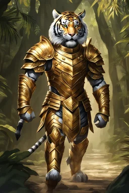 Full body excellent realistic portrait humanoid of tiger with golden armor,walking at jungle