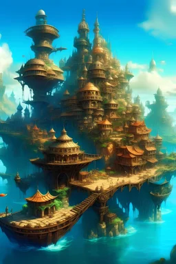 Vibrant Fantasy city, maritime, connect ocean ships and sea platforms
