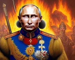 evil Russia president Vladimir Putin is satan with fangs , Moscow in fire