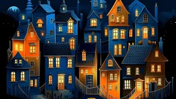 Create a nighttime scene of a whimsical, tightly packed town with narrow, overlapping houses. Use dark colors for the exteriors, such as deep blues and grays, and add warm touches of orange and yellow to light up the windows, giving a sense of warmth and life inside the houses. Make the buildings appear interconnected in unconventional ways, and include small details like stairs and wires to enhance the intricacy of the scene."