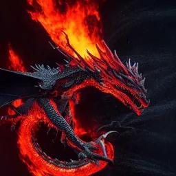 s 79924533 dragon flying with black, opaque scales, volumetric lighting, photo realistic, dark fantasy, dramatic, ferocious, spitting red hot fire out of it's mouth over the ocean with a erupting volcano that is leaking