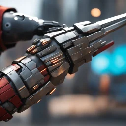 bokeh close up detailed view: The fingers are encased in sleek, metallic armor, each joint articulated for precision and power (rusty and bloody). Embedded along the forearm are pulsating veins of energy, feeding directly into the weapon and enhancing its deadly potential. In the grip of this hand is the power blade, a stunning creation of futuristic warfare. The blade itself is a marvel of craftsmanship, its edge razor-sharp and crackling with energy. The tenses of the hand around the hilt, the