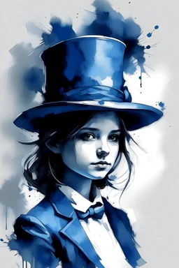 Indigo and white girl with a Top hat in oil painting effect ink brushstrokes